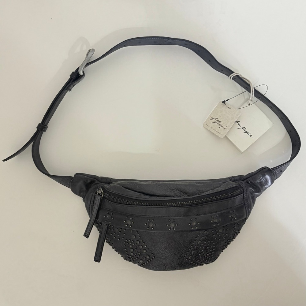NWT!! FREE PEOPLE Black Leather Ana Adorned Sling Bag Solid Studded Embellished - Picture 4 of 16